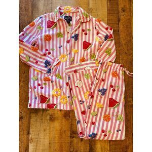 Nick & Nora Pajama Set S Pink Stripe Fruit Print 100% Cotton Y2K Sleepwear 2pc